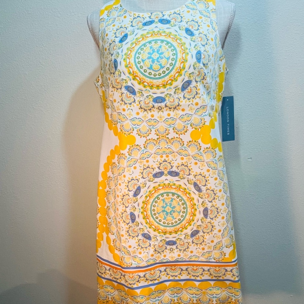 London Times Yellow and Blue Dress NWT kaleidoscope - medallion pattern